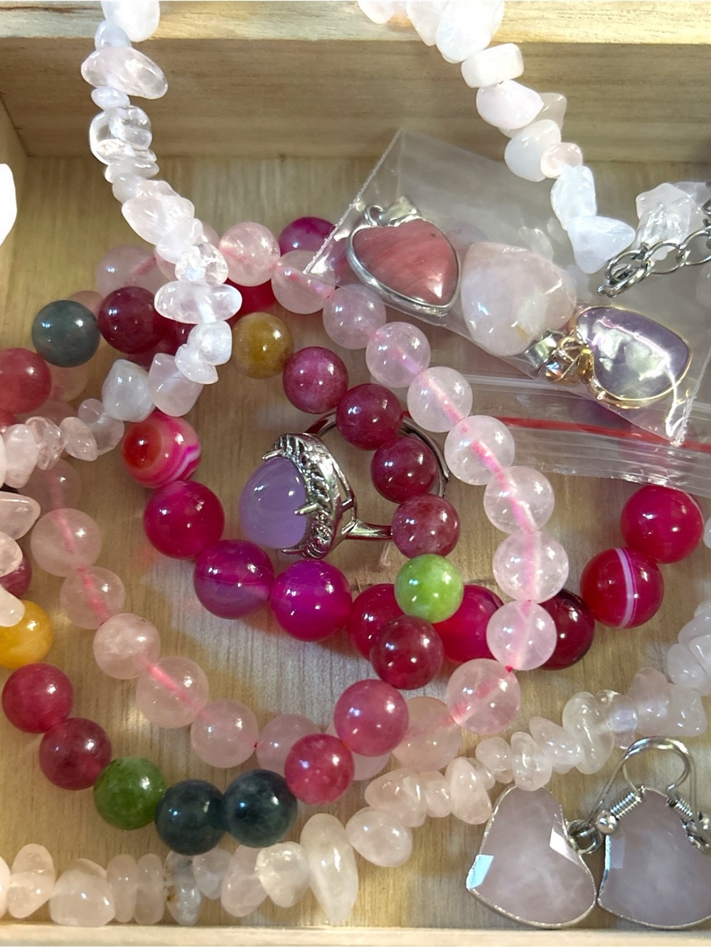 Rose Quartz Necklace Ring Pendants and Pink Agate Beaded Bracelet Set